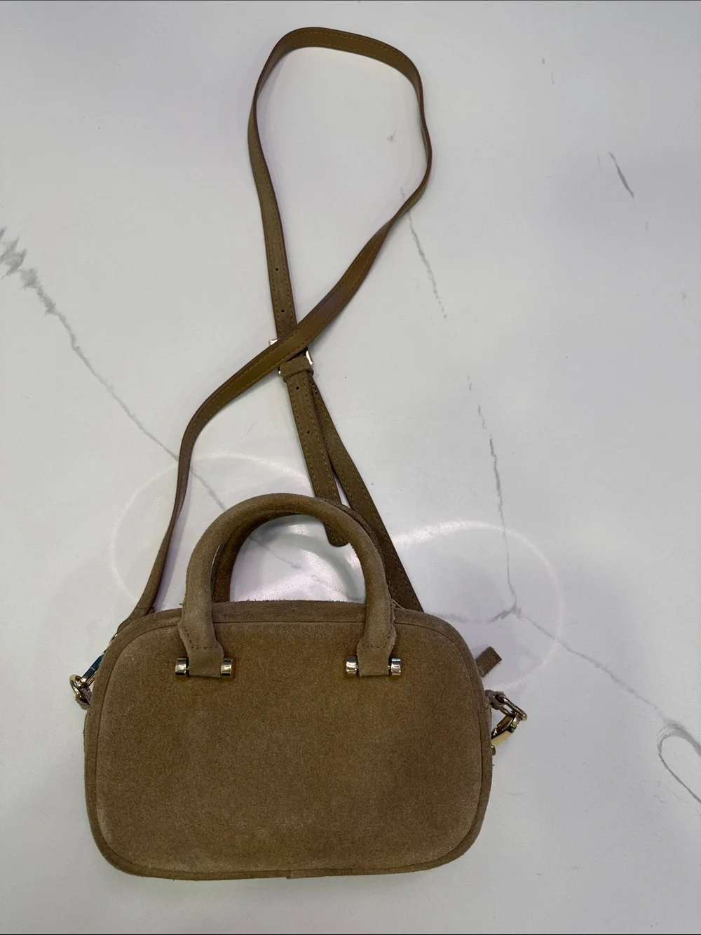 Suede Crossbody Mini Satchel in Light Brown
